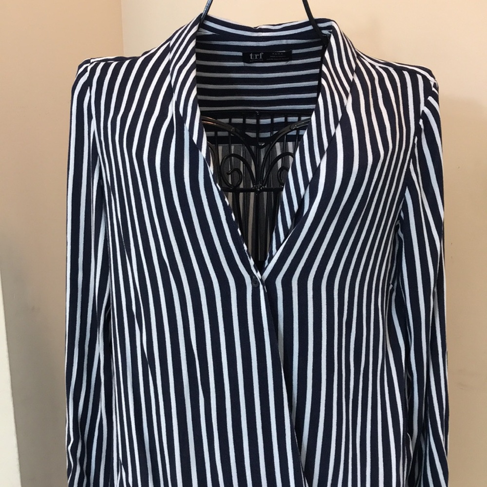 ZARA trf Collection Navy & White Striped Blouse